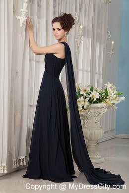 Navy Blue Empire One Shoulder Watteau Train Prom Gowns