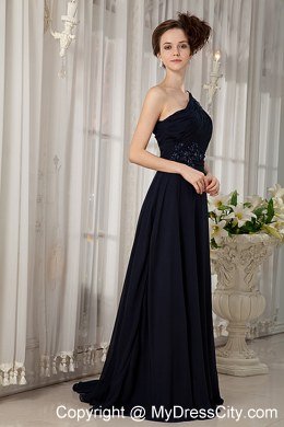 Navy Blue Empire One Shoulder Watteau Train Prom Gowns