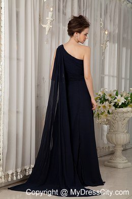 Navy Blue Empire One Shoulder Watteau Train Prom Gowns