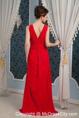 Blood Red V-neck Column Beaded Prom Dress with Brush Train