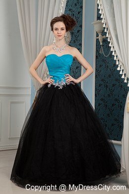 A-line Sweetheart Turqoise and Black Prom Dress with Appliques