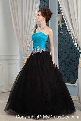 A-line Sweetheart Turqoise and Black Prom Dress with Appliques