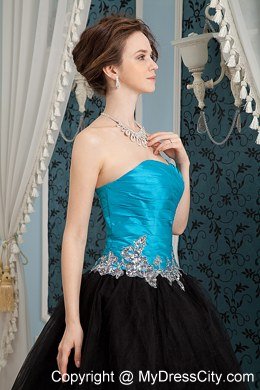 A-line Sweetheart Turqoise and Black Prom Dress with Appliques