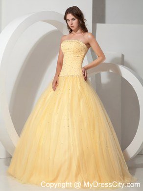 Clearance Strapless Beading Tulle Light Yellow Quinceanera Dress