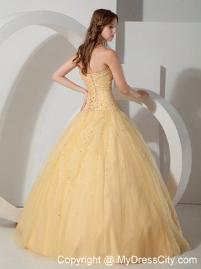 Clearance Strapless Beading Tulle Light Yellow Quinceanera Dress