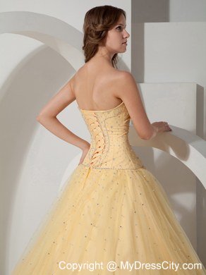 Clearance Strapless Beading Tulle Light Yellow Quinceanera Dress