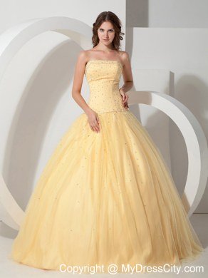 Clearance Strapless Beading Tulle Light Yellow Quinceanera Dress