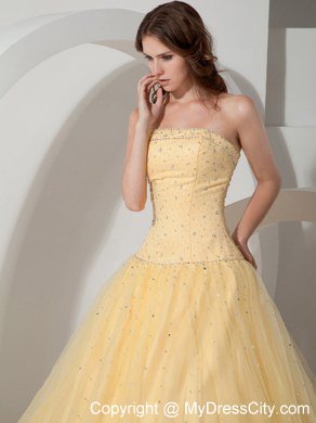 Clearance Strapless Beading Tulle Light Yellow Quinceanera Dress