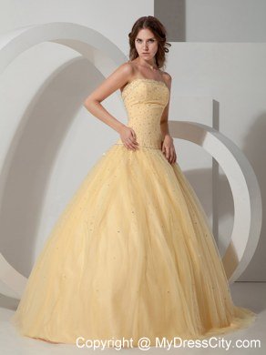 Clearance Strapless Beading Tulle Light Yellow Quinceanera Dress