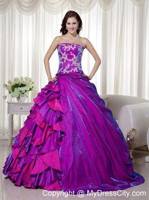 Taffeta Strapless Appliques Layers Purple Quinceanera Dresses