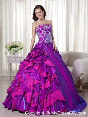 Taffeta Strapless Appliques Layers Purple Quinceanera Dresses