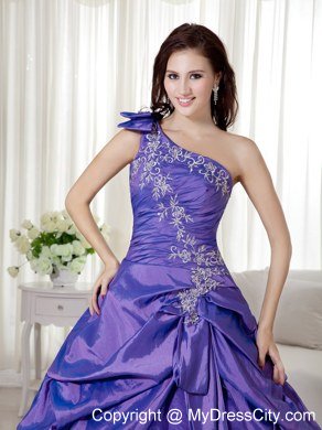 One Shoulder Appliques Taffeta Purple Dress Up for Quinceaneras