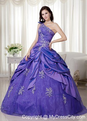 One Shoulder Appliques Taffeta Purple Dress Up for Quinceaneras