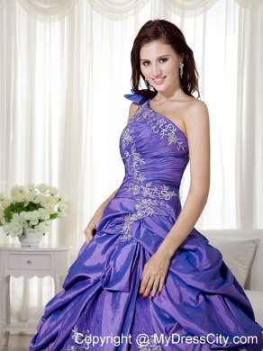 One Shoulder Appliques Taffeta Purple Dress Up for Quinceaneras