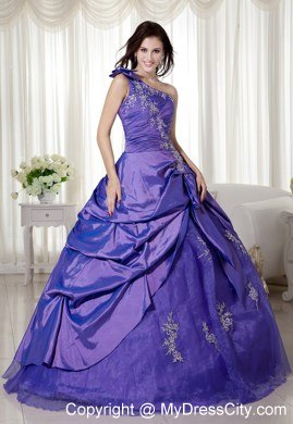 One Shoulder Appliques Taffeta Purple Dress Up for Quinceaneras