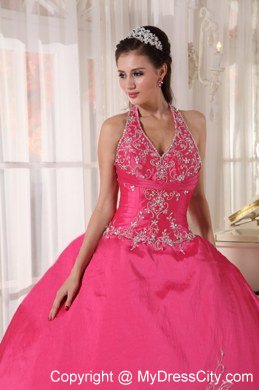 Taffeta Embroidery Halter Red Quinceanera Gowns Designer