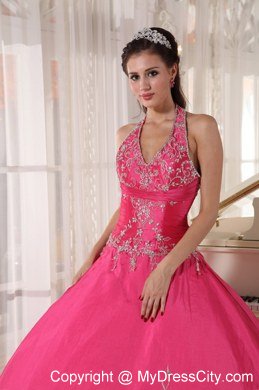 Taffeta Embroidery Halter Red Quinceanera Gowns Designer