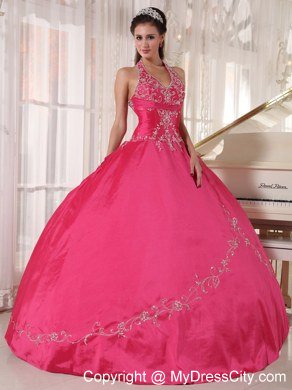 Taffeta Embroidery Halter Red Quinceanera Gowns Designer