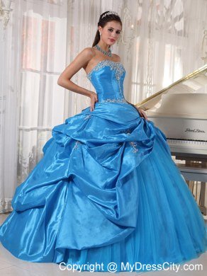 Tailor Made Strapless Taffeta and Tulle Teal Quinceanera Dress