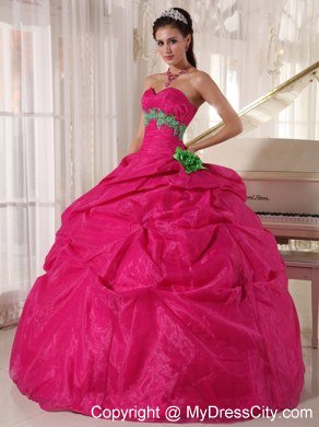 Sweetheart Handmade Flower Organza Hot Pink Quinceanera Dresses