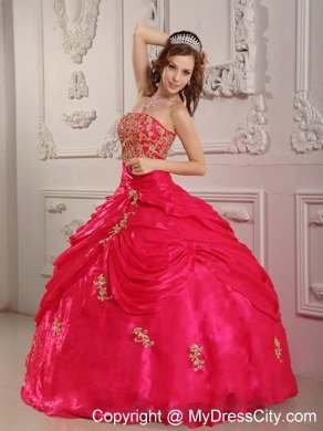 Coral Red Long Organza Strapless Dresses for Quinceanera