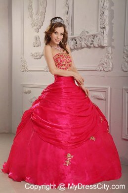 Coral Red Long Organza Strapless Dresses for Quinceanera