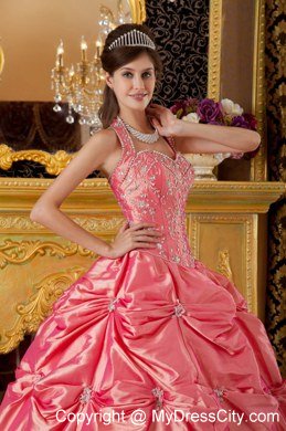 Watermelon Halter Taffeta Quinceanera Dress with Pick-ups