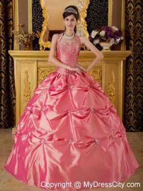 Watermelon Halter Taffeta Quinceanera Dress with Pick-ups