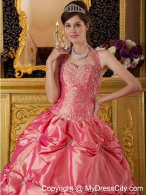 Watermelon Halter Taffeta Quinceanera Dress with Pick-ups