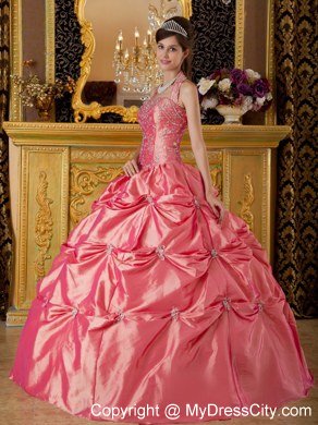 Watermelon Halter Taffeta Quinceanera Dress with Pick-ups