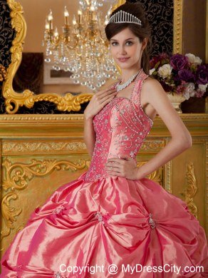 Watermelon Halter Taffeta Quinceanera Dress with Pick-ups