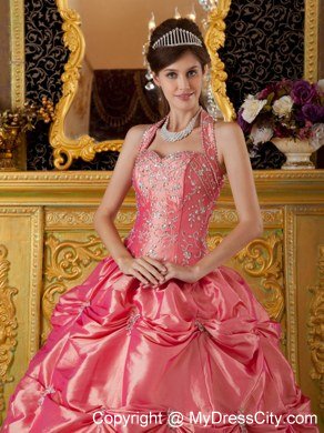 Watermelon Halter Taffeta Quinceanera Dress with Pick-ups