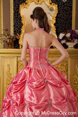 Watermelon Halter Taffeta Quinceanera Dress with Pick-ups