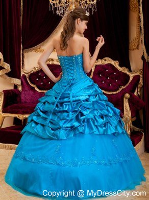 Fashion Taffeta and Tulle Lace Appliques Quinceanera Gowns in Teal