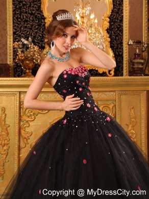 Strapless Black Tulle Appliques Quinceanera Dress For 2013 Spring