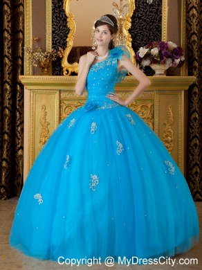 Flowers One Shoulder Appliques 2013 Beautiful Blue Quinceanera Gowns