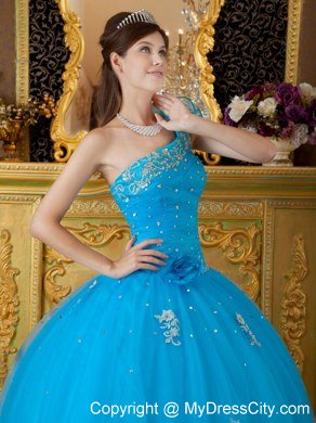 Flowers One Shoulder Appliques 2013 Beautiful Blue Quinceanera Gowns