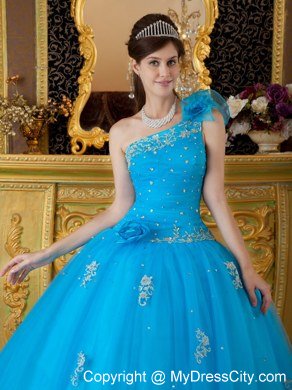 Flowers One Shoulder Appliques 2013 Beautiful Blue Quinceanera Gowns