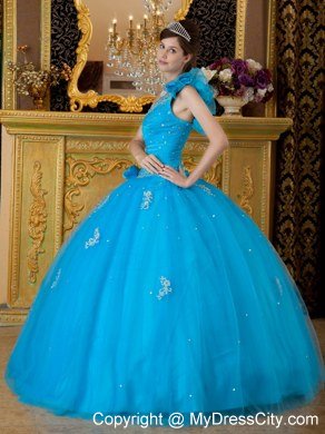 Flowers One Shoulder Appliques 2013 Beautiful Blue Quinceanera Gowns