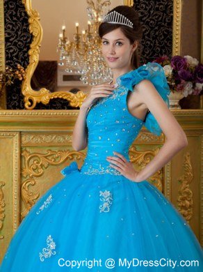 Flowers One Shoulder Appliques 2013 Beautiful Blue Quinceanera Gowns