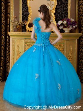 Flowers One Shoulder Appliques 2013 Beautiful Blue Quinceanera Gowns