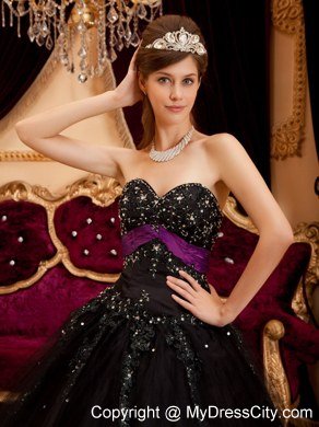 Cheap Appliques With Sequins Tulle A-line Black Dresses For Sweet 16