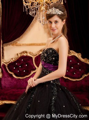 Cheap Appliques With Sequins Tulle A-line Black Dresses For Sweet 16