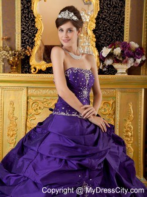 Purple Beaded Strapless Pick Ups New Style Quinceanera Gowns