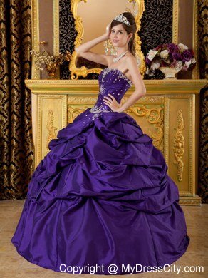 Purple Beaded Strapless Pick Ups New Style Quinceanera Gowns