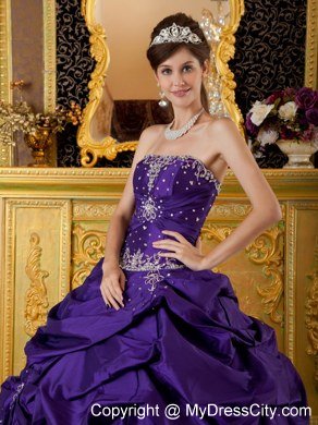 Purple Beaded Strapless Pick Ups New Style Quinceanera Gowns