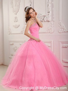 Hot Sale Sweetheart Beaded Tulle Rose Pink Quinceanera Gowns 2013