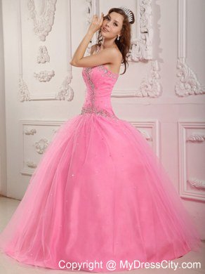 Hot Sale Sweetheart Beaded Tulle Rose Pink Quinceanera Gowns 2013