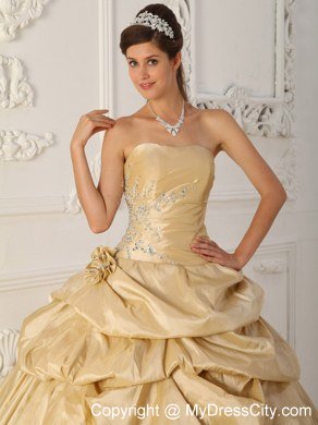 Champagne Strapless Beaded Pick Ups Taffeta Dresses For Quince