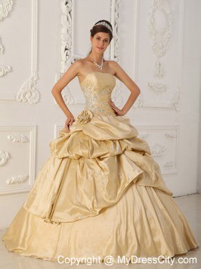 Champagne Strapless Beaded Pick Ups Taffeta Dresses For Quince